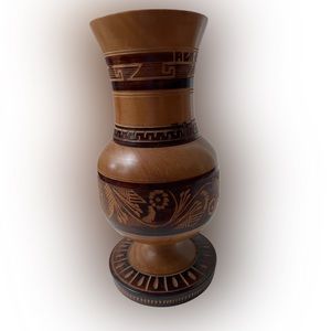 Vintage Hand Carved Wooden Etched Vase Flowers, Leaves and Greek Design.